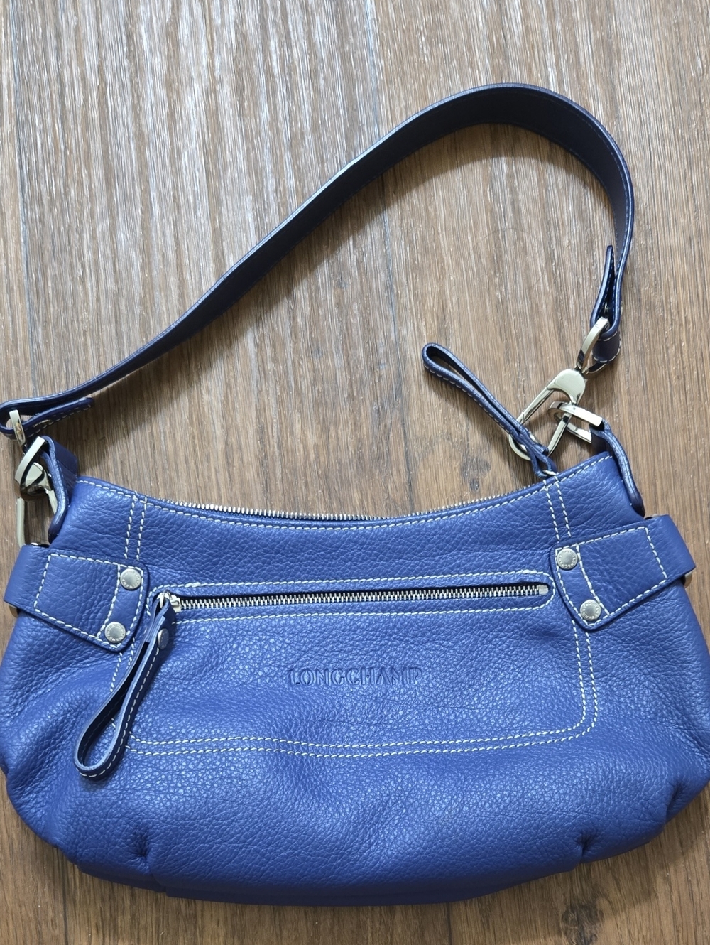 Longchamp Navy Blue Pebbled Leather Shoulder Bag